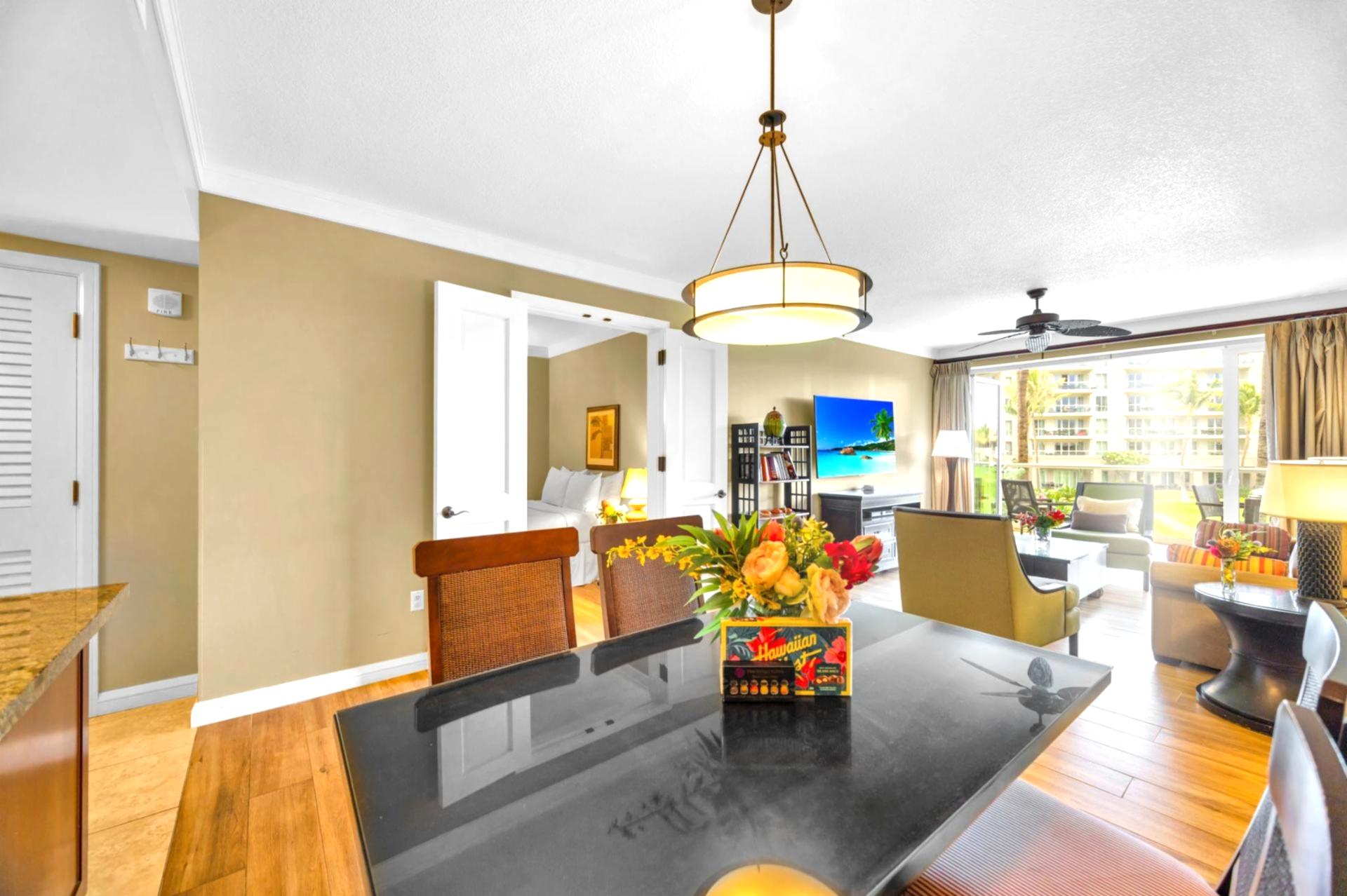 The kitchen's open design lets you prep meals while staying connected with the dining and living areas.