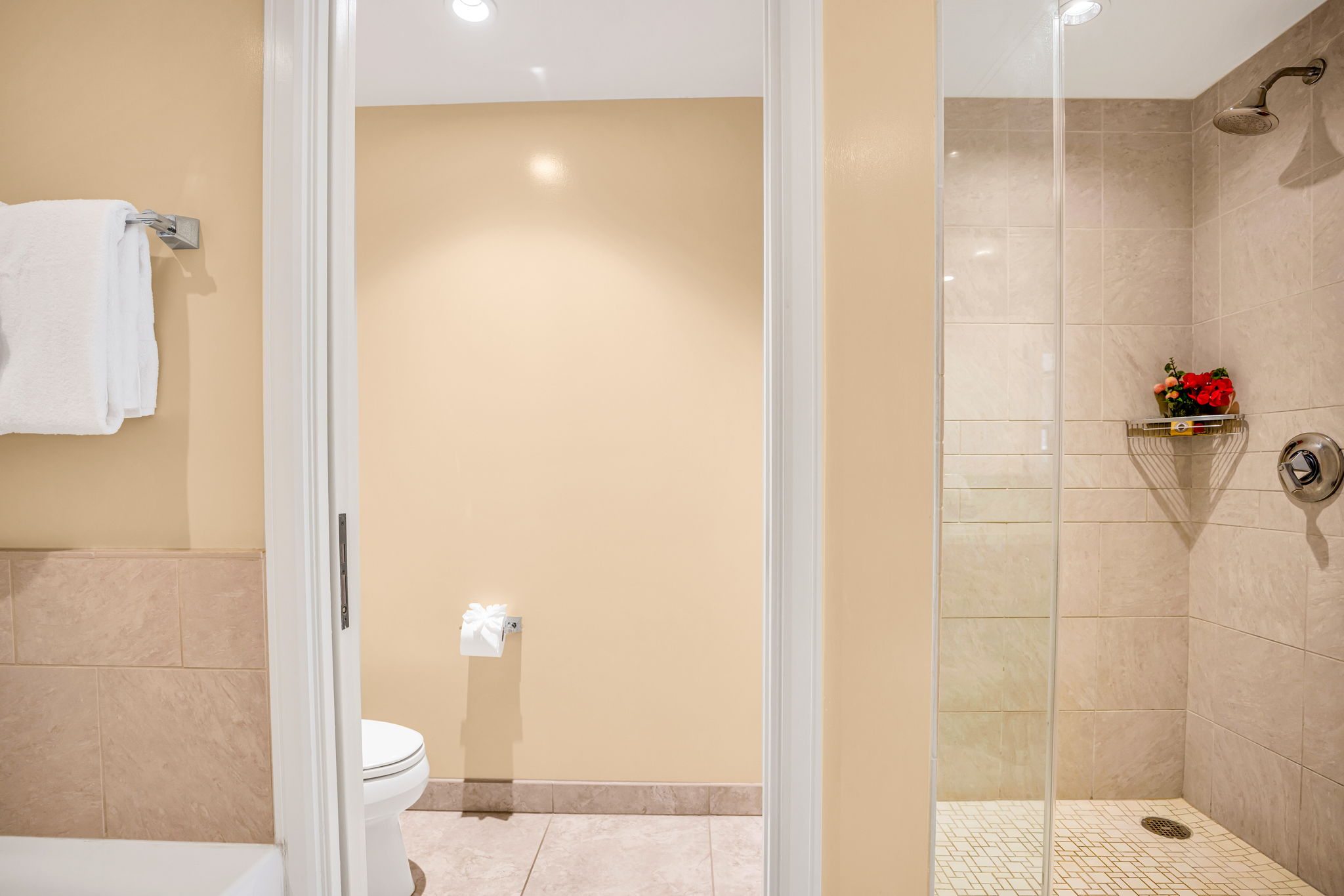 Walk-in shower and clean design in a bright, functional guest bathroom.