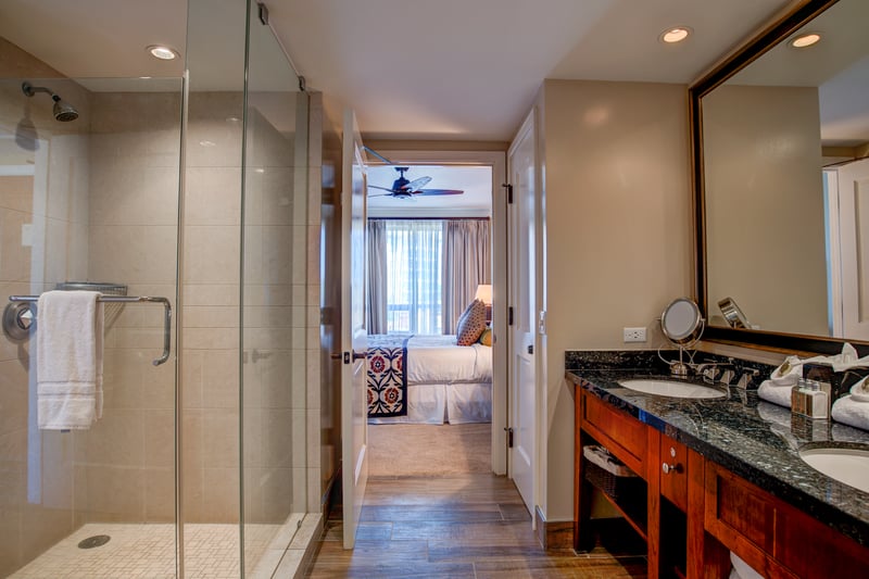 Glass enclosed shower and adjacent soaking tub   