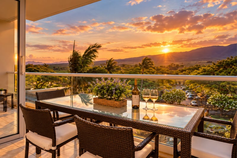 Lanai dining table set for sunset with mountain and garden views HKH-424