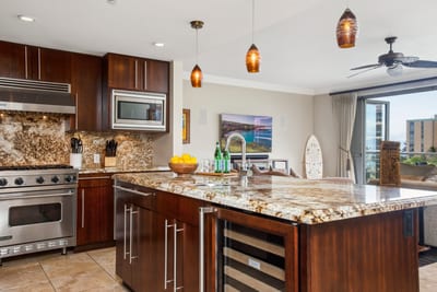 High end appliances and rich finishes make cooking here a pleasure