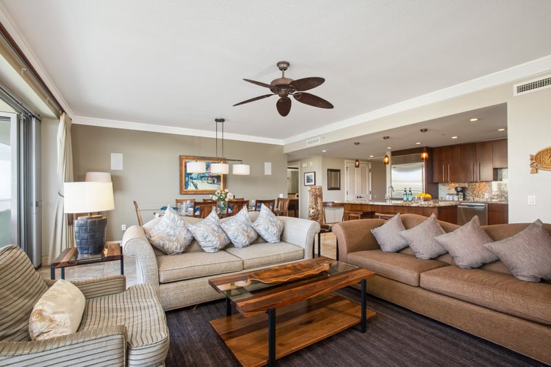 Spacious oceanview suite with modern kitchen and cozy seating