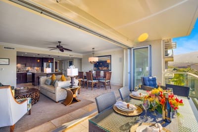 Dining table for six connects seamlessly with the view and living space for shared meals and conversation. HKH-504