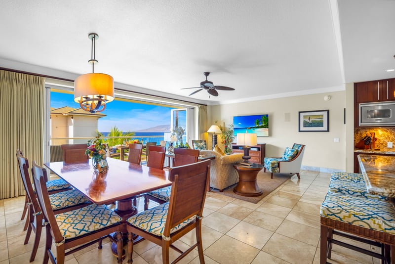 Dining for six with direct access to the kitchen makes meals easy and enjoyable.