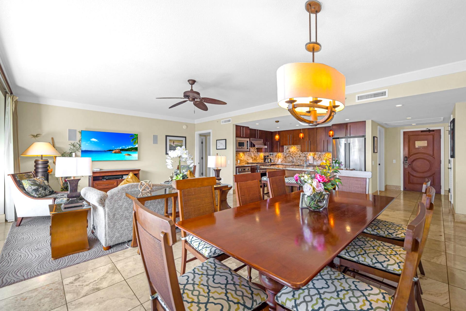 Dining table set within the main living area, ideal for family meals and game nights.