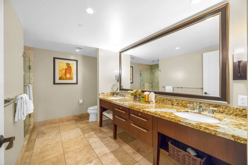 En suite master bath with dual-sink granite vanity, walk-in shower, and separate soaking tub.