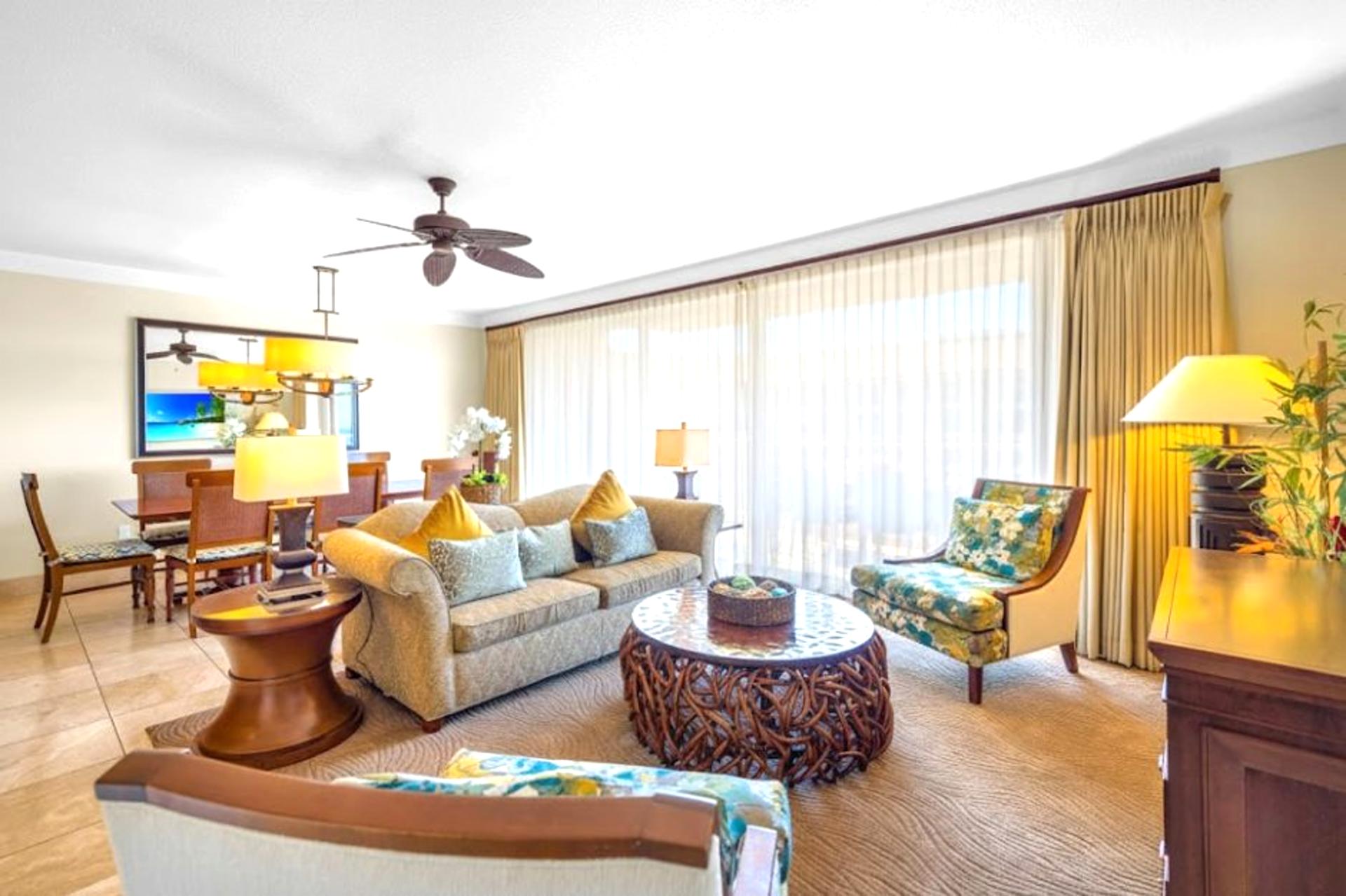 Open living area with plush seating and a Queen sofa sleeper for extra guests or movie nights.