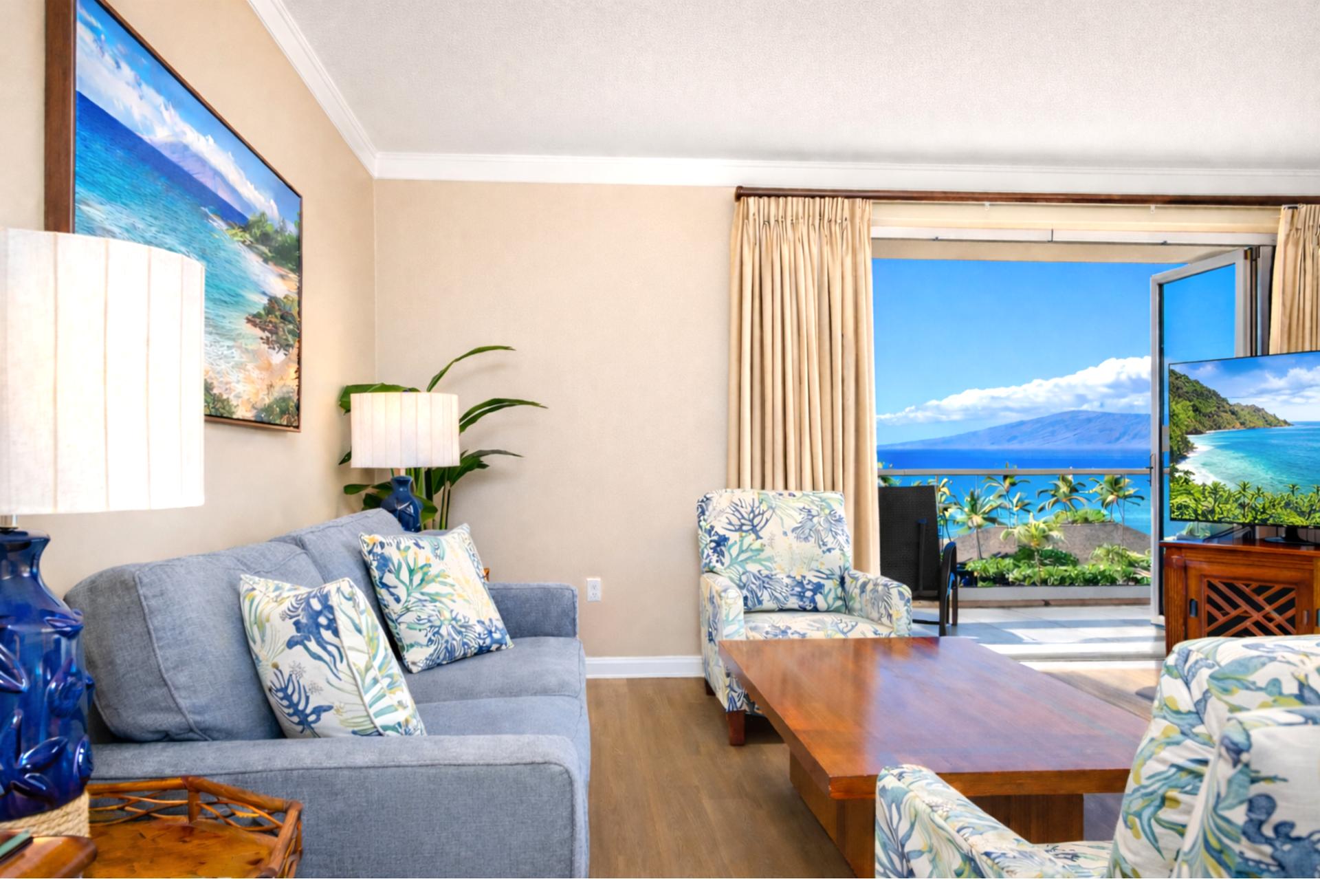 Sliding doors connect your living space to the wraparound lanai, letting you enjoy ocean views and tropical breezes while relaxing on the comfortable sectional.