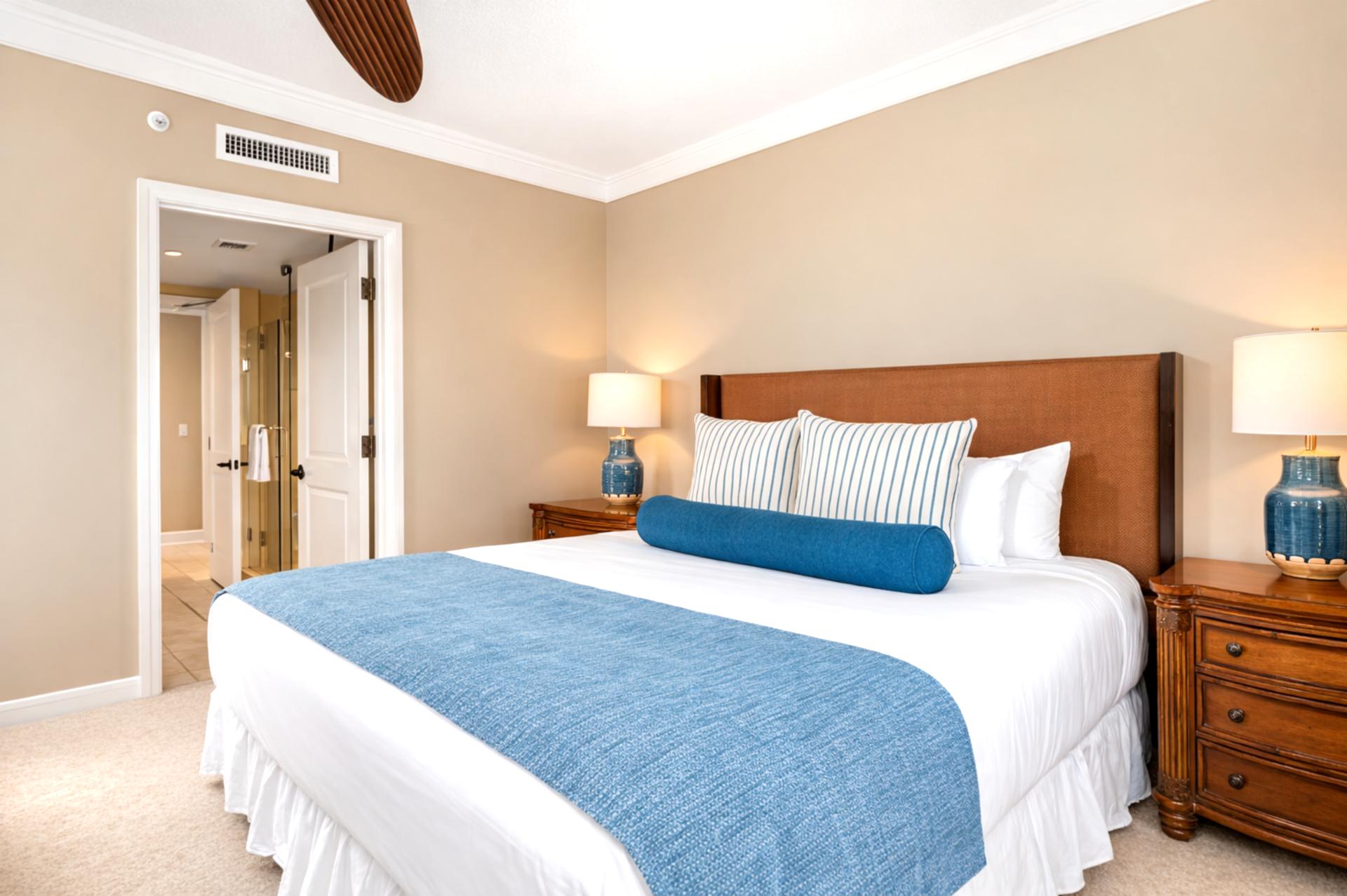 The second bedroom features a flexible bed setup that can be arranged as a King or two Twins before arrival, giving your group comfortable sleeping options.