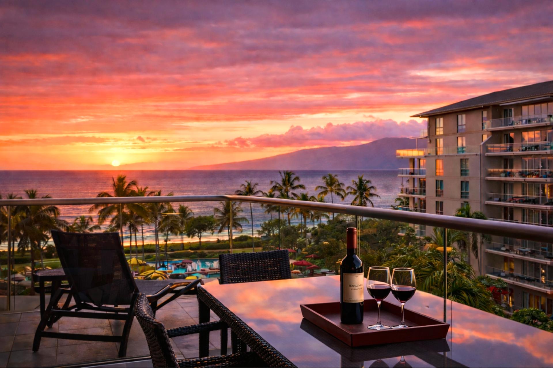 Evening settles over your lanai as sunset colors glow across the sky, creating a peaceful setting for cocktails or a quiet moment above the resort.
