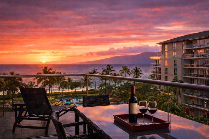 Evening settles over your lanai as sunset colors glow across the sky, creating a peaceful setting for cocktails or a quiet moment above the resort. HKH-515