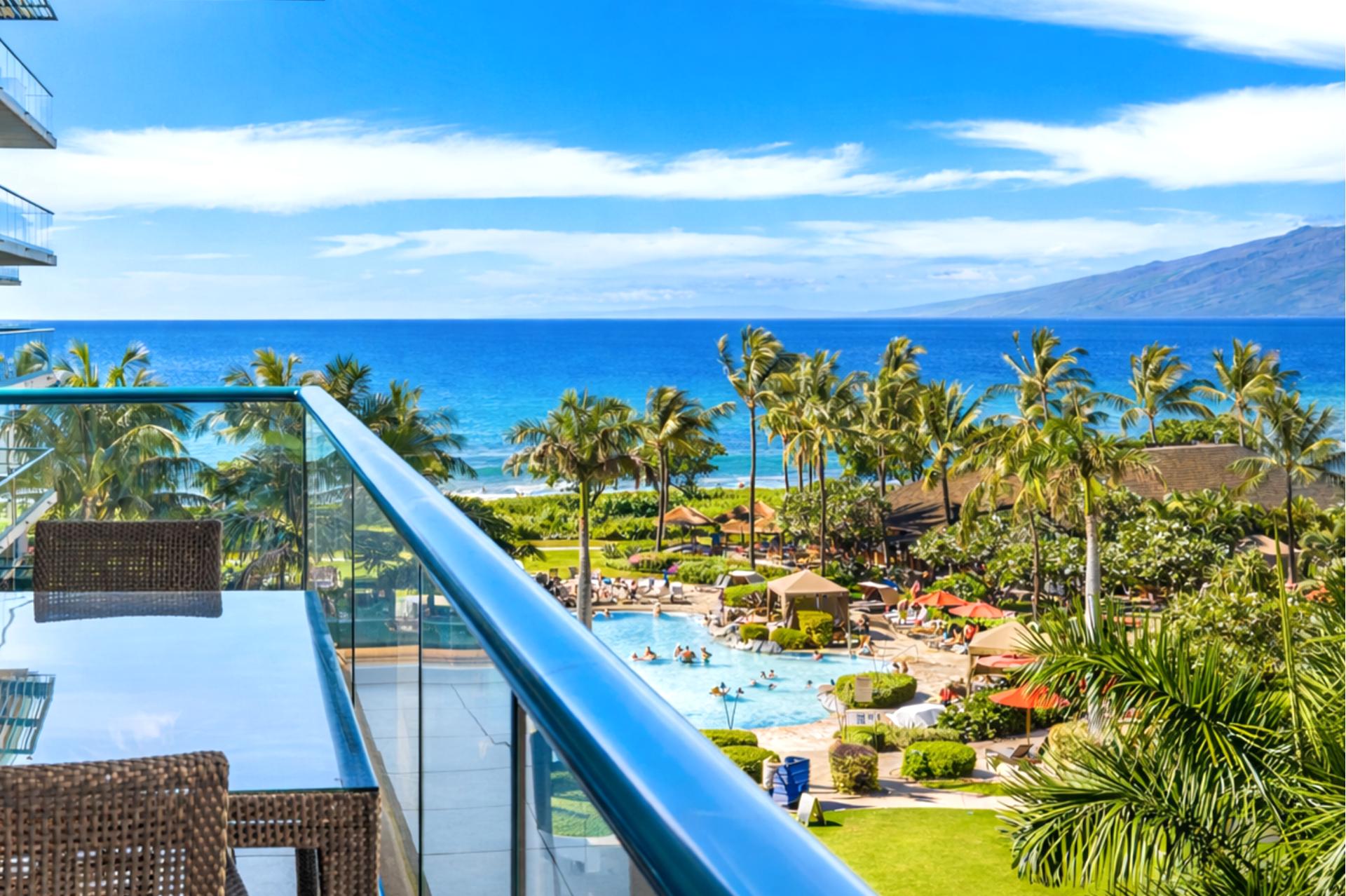 From your private lanai at Honua Kai HKH-515, you look out over swaying palms, resort pools, and the deep blue Pacific stretching along the Maui coastline.