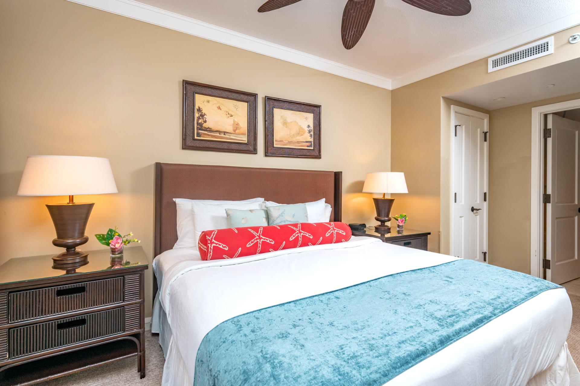 Settle into your King bed with soft lighting, tropical touches, and easy ensuite access for a peaceful and private retreat.