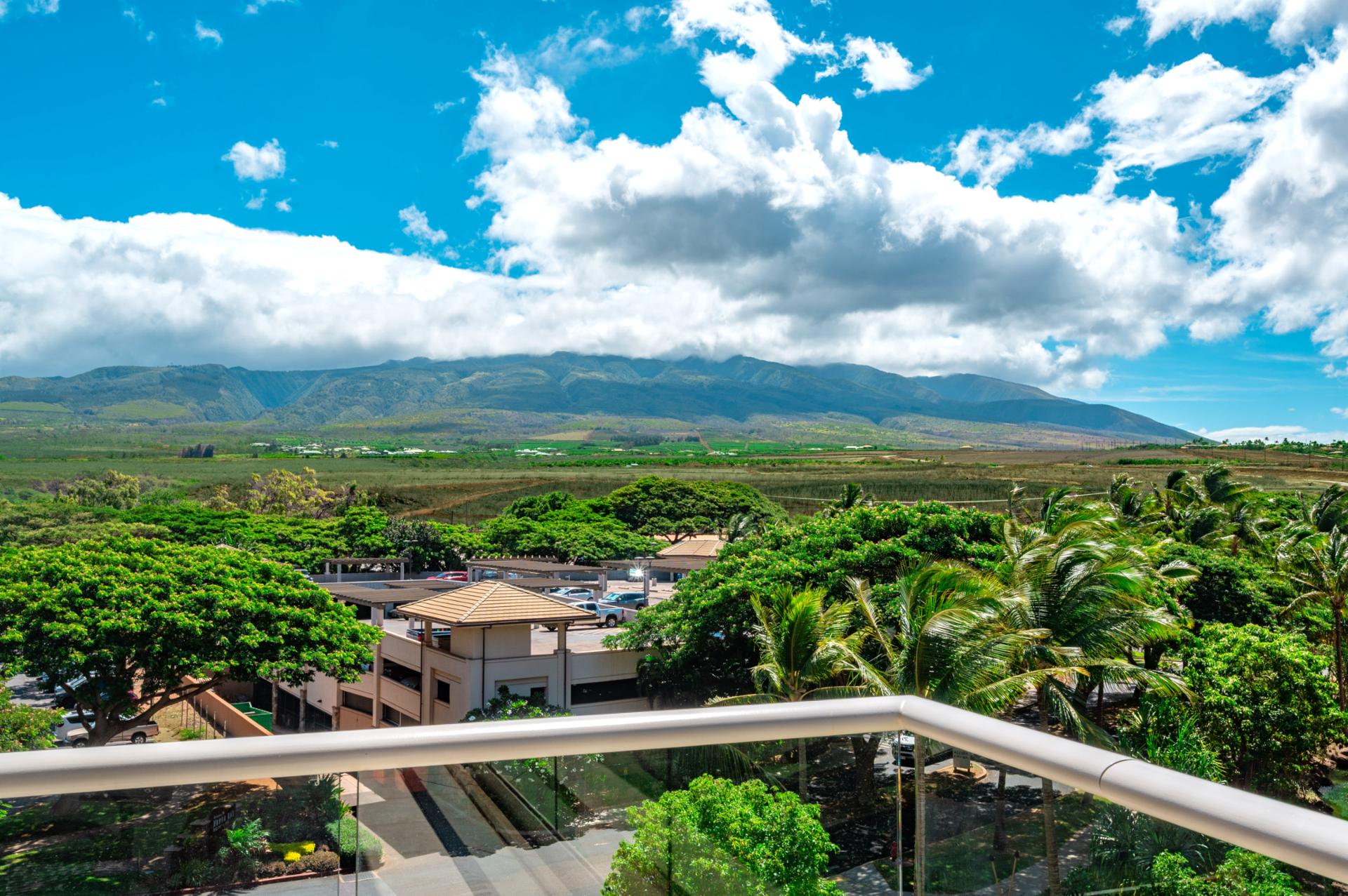Sip your morning coffee with panoramic views of the West Maui Mountains, where open skies and lush green fields stretch in every direction.