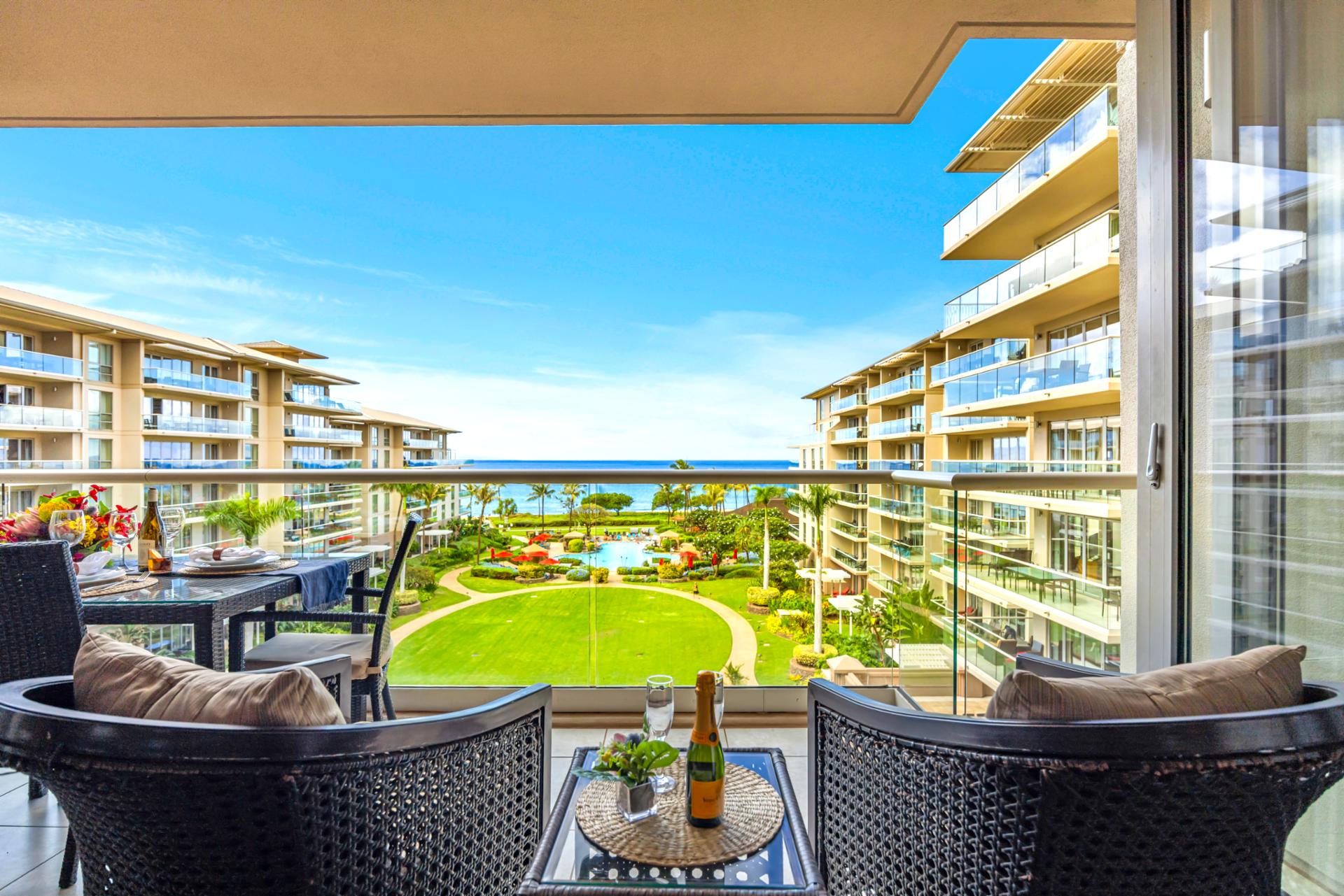 Resort views and plush seating make this balcony ideal for slow mornings and starlit evenings.