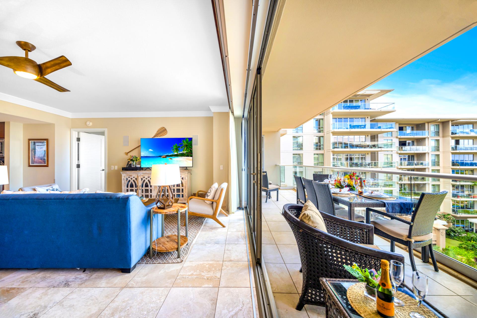 Indoor-outdoor living comes easy with this seamless flow from the living area to your furnished balcony.