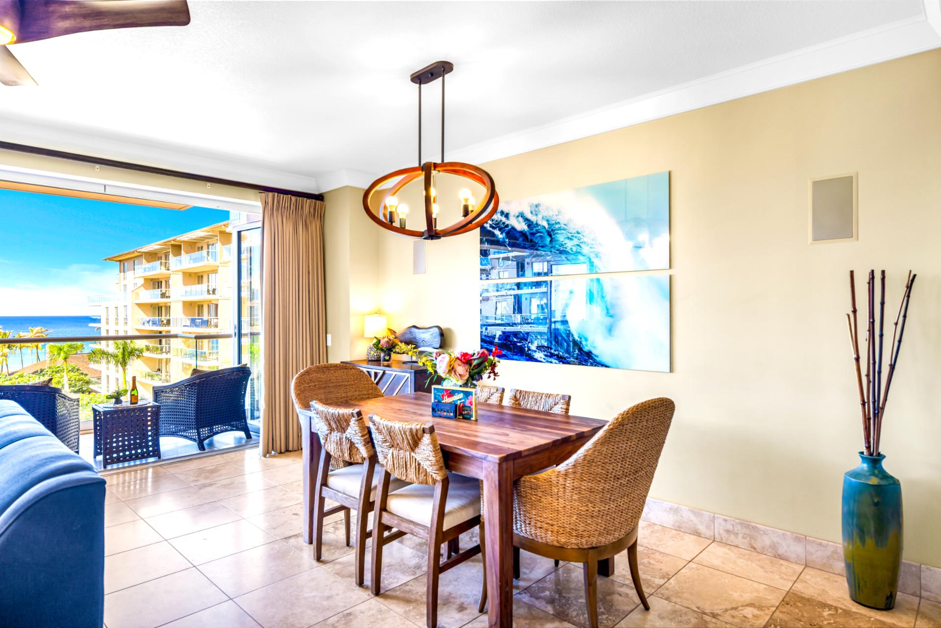 This casual dining nook connects to the balcony for easy meals with fresh air and a peek at the view.