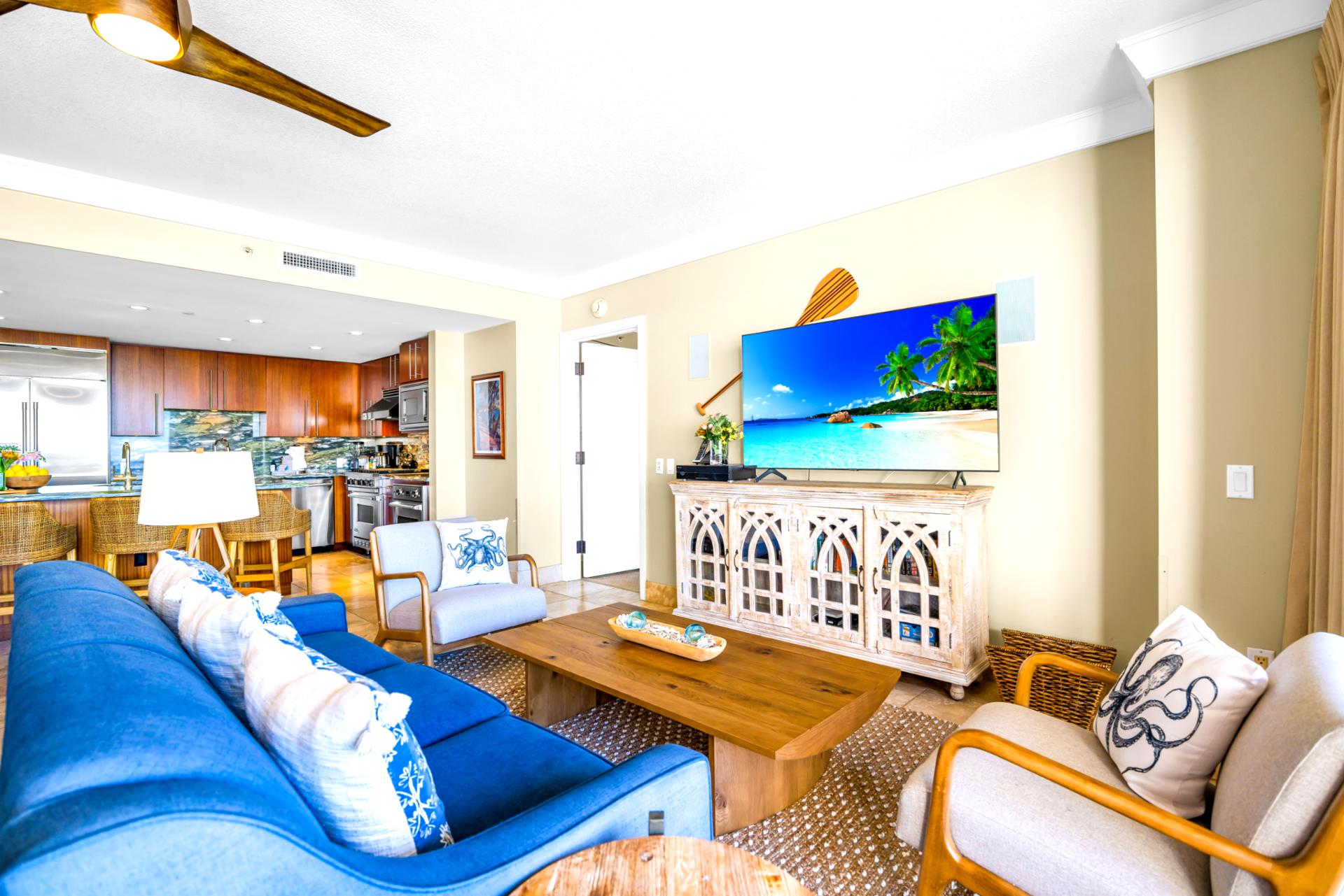 Stretch out on the large sectional and stream a movie on the Smart TV after a beach day.