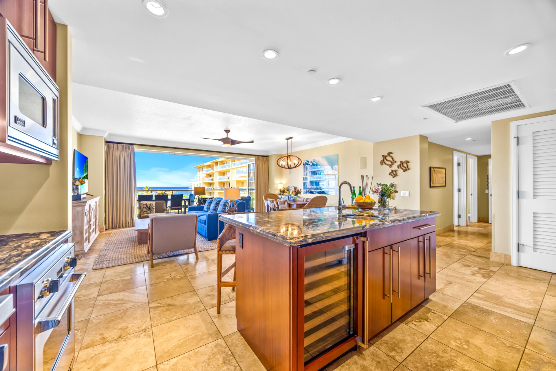 The open kitchen lets you chat with the group or catch a game on the TV while you prep dinner.