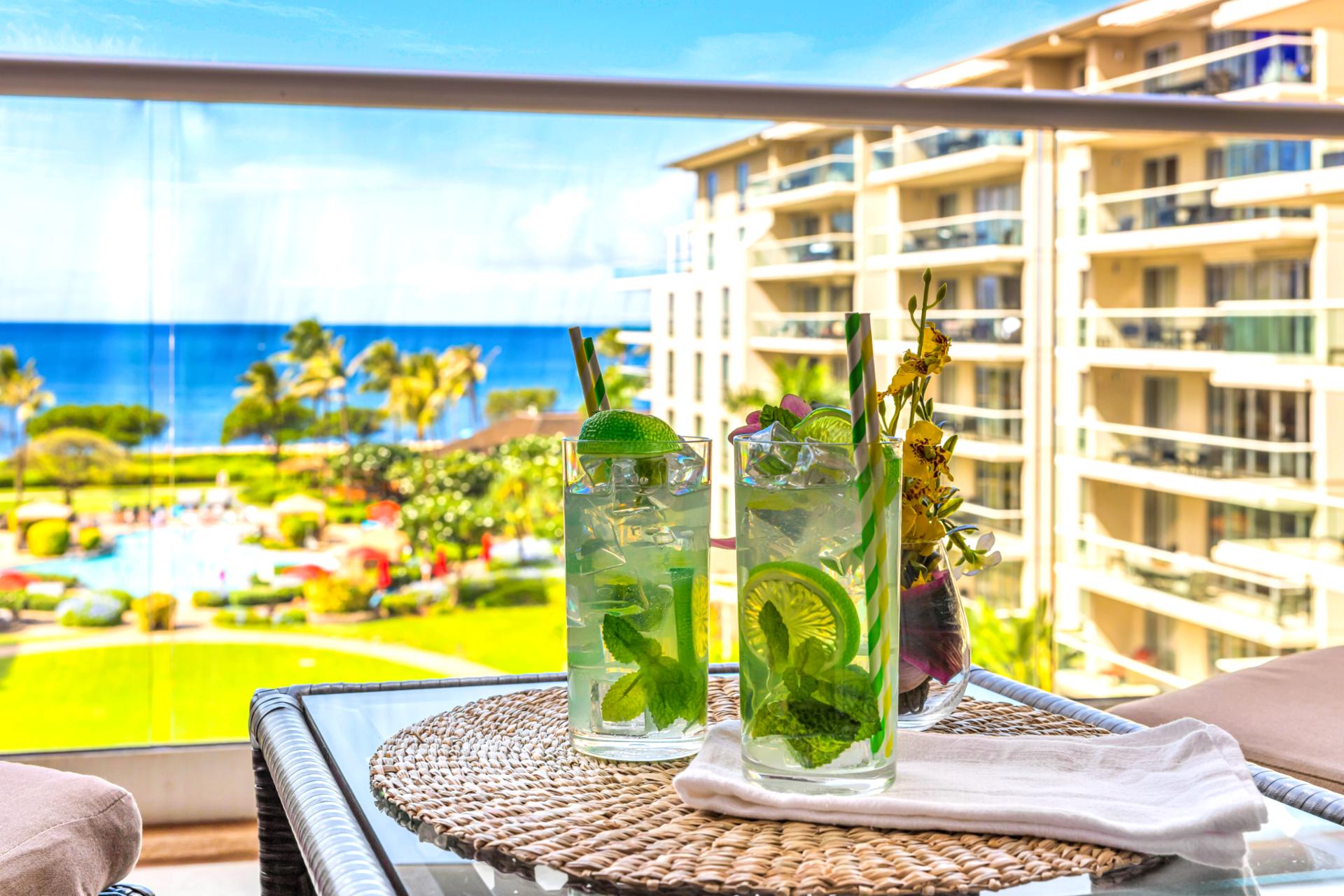 A front-row seat to Maui sunsets, your balcony invites connection over drinks and light bites.