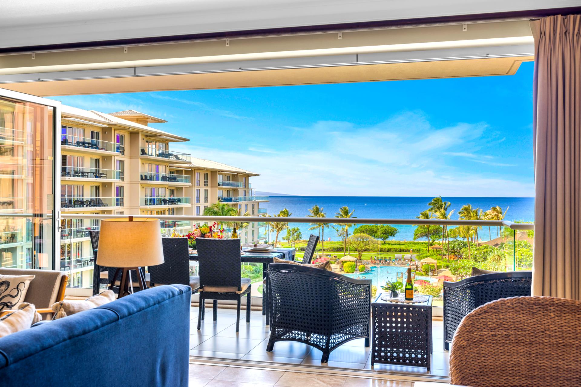 Elevated views of the ocean and resort make this balcony a favorite place to gather or unwind.