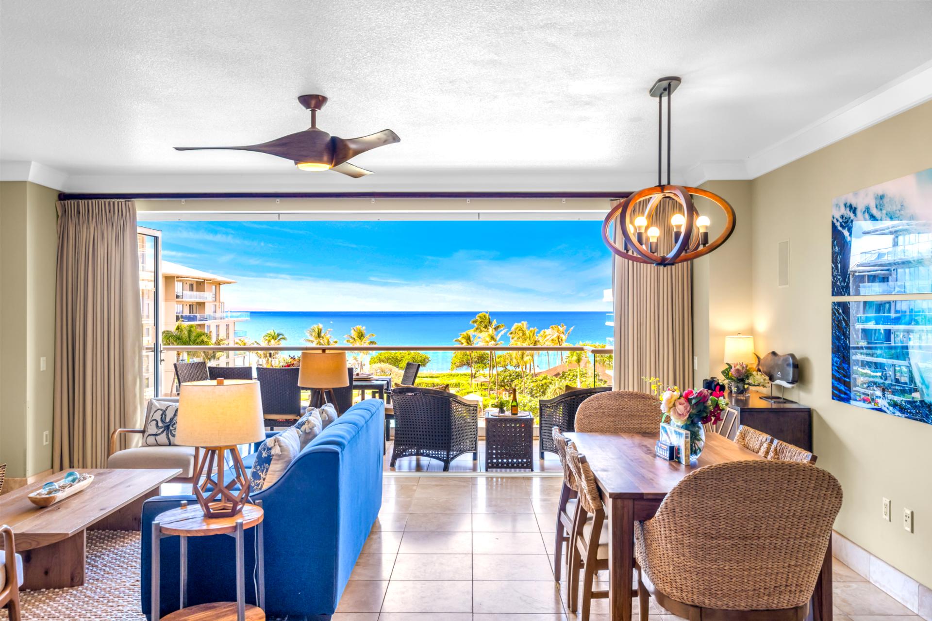 Dine indoors with stunning ocean views and a breezy connection to your private balcony.