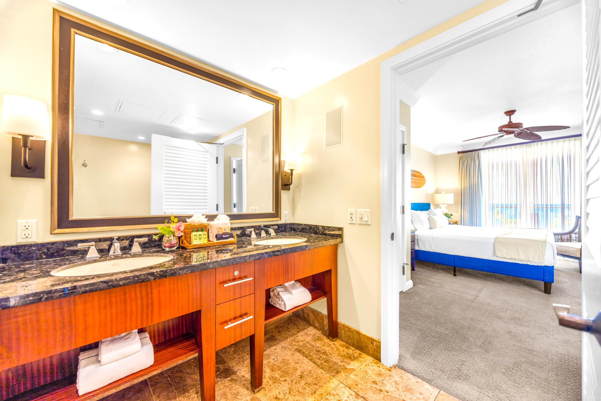 Your en-suite bath opens right into the bedroom, with plenty of space to get ready before heading out for the day.