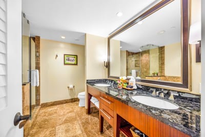 Your guest bath includes a granite dual vanity and thoughtful finishes for a comfortable refresh.