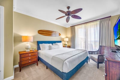Your primary bedroom features a King bed, Smart TV, and blackout drapes for restful mornings after a late dinner on the balcony. HKH-529