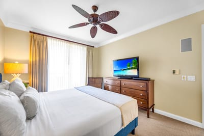 Wake up to natural light and your own private TV setup in this spacious primary suite with direct balcony access. HKH-529
