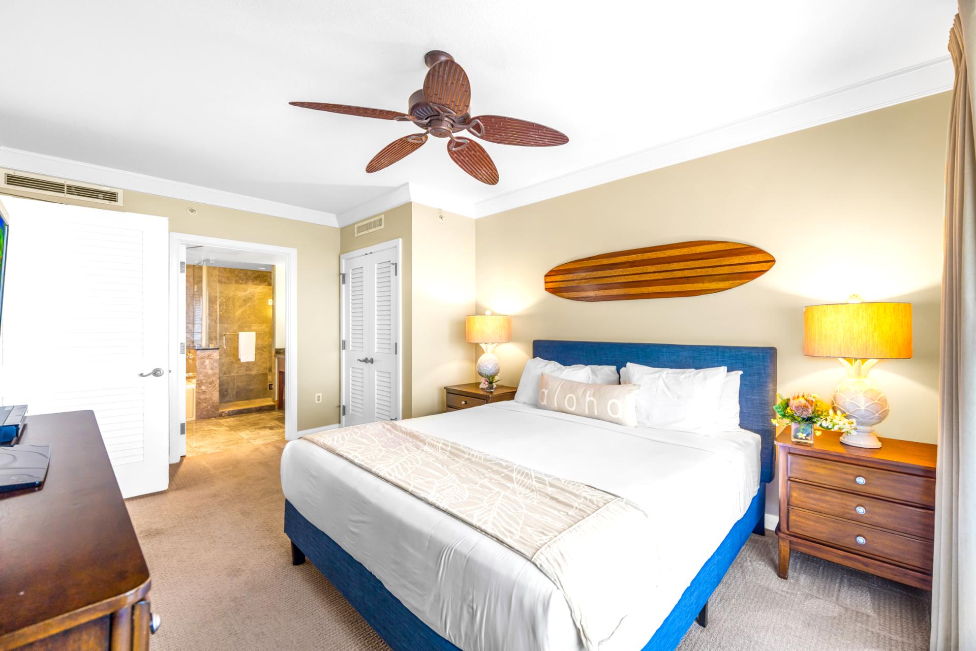 Settle in with a King bed, ceiling fan, and warm wood accents that give the space a tranquil island feel.