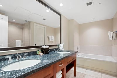 Spacious bathroom with granite double vanity, soaking tub, and modern elegance.