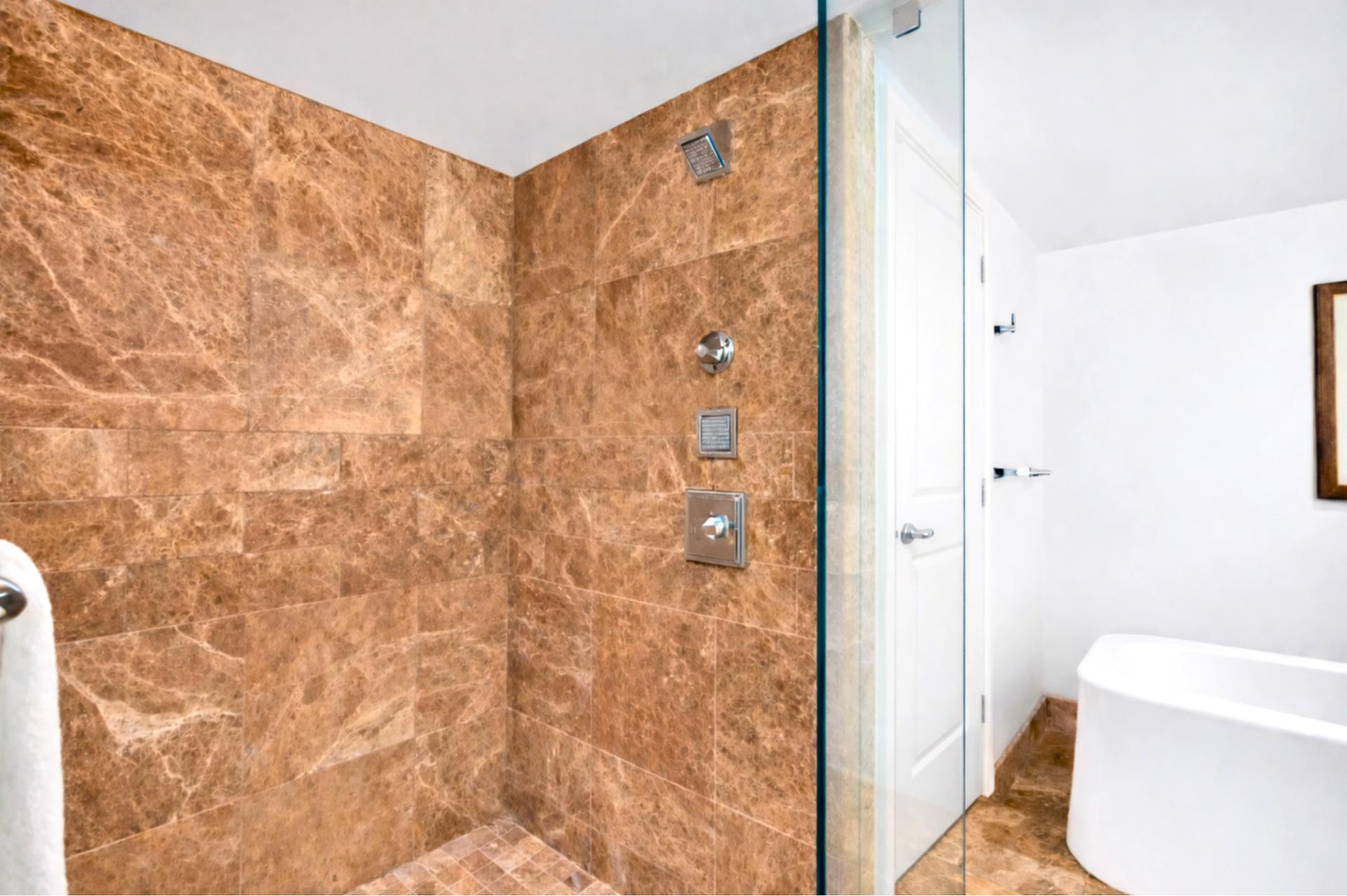 Glass-enclosed walk-in shower with stone accents and rainfall head.