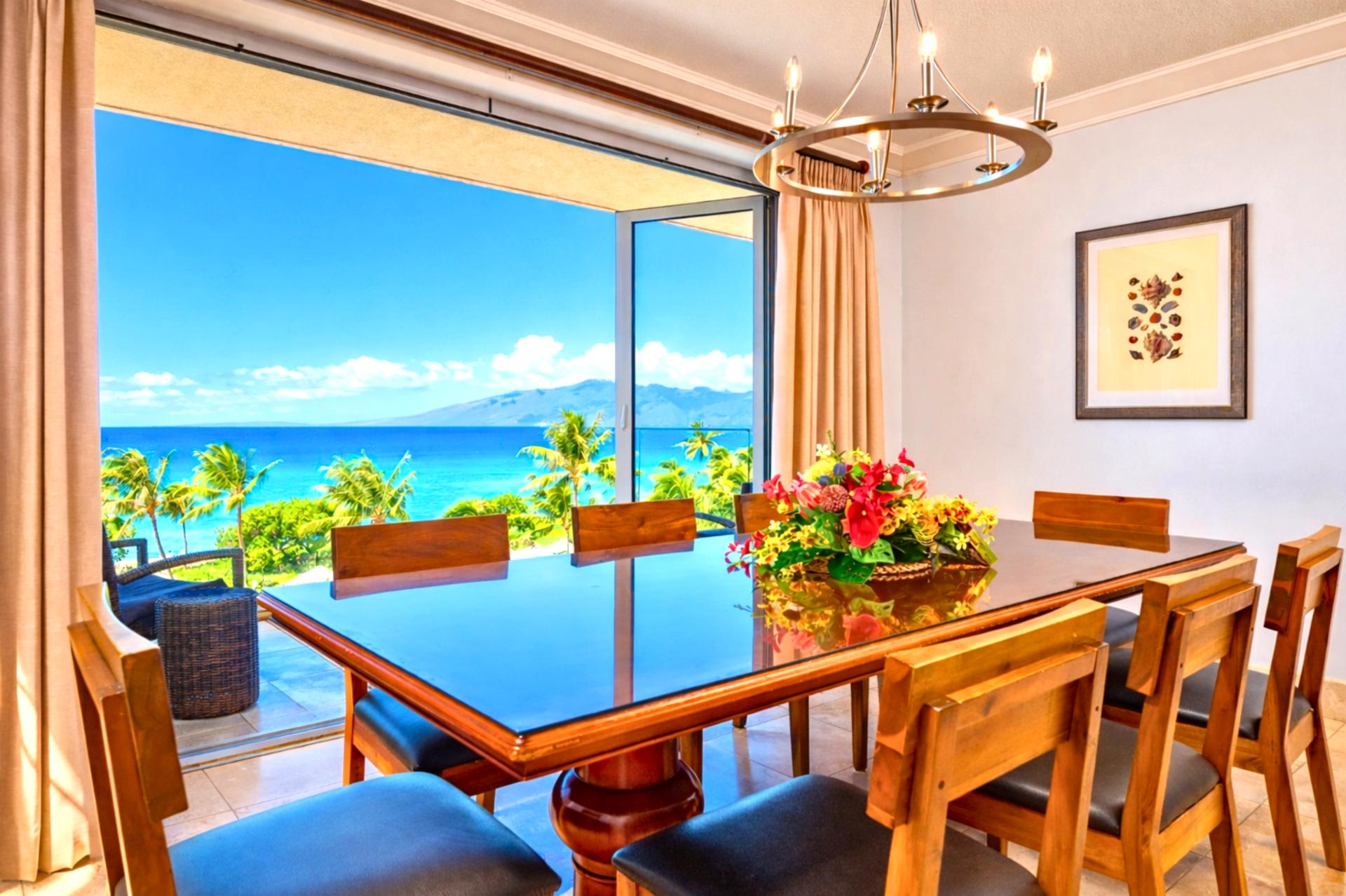 Ocean-view dining area for six, where every meal comes with a view.