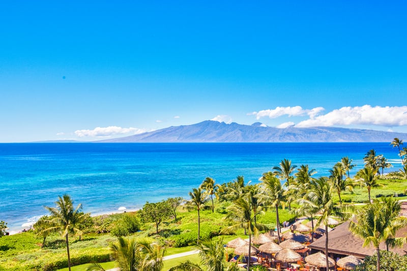 Breathtaking ocean view with tropical palms and island mountain backdrop
 HKH-603