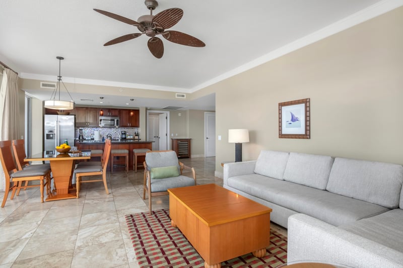 Spacious island retreat with modern kitchen, cozy seating, tropical charm. HKH-609