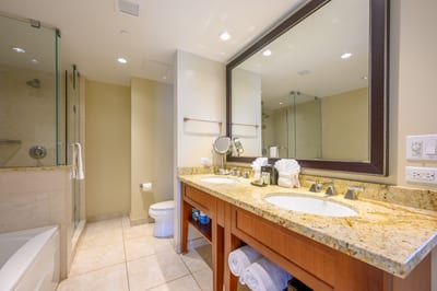 Luxurious bathroom with walk-in shower, granite counters, and spa vibes.