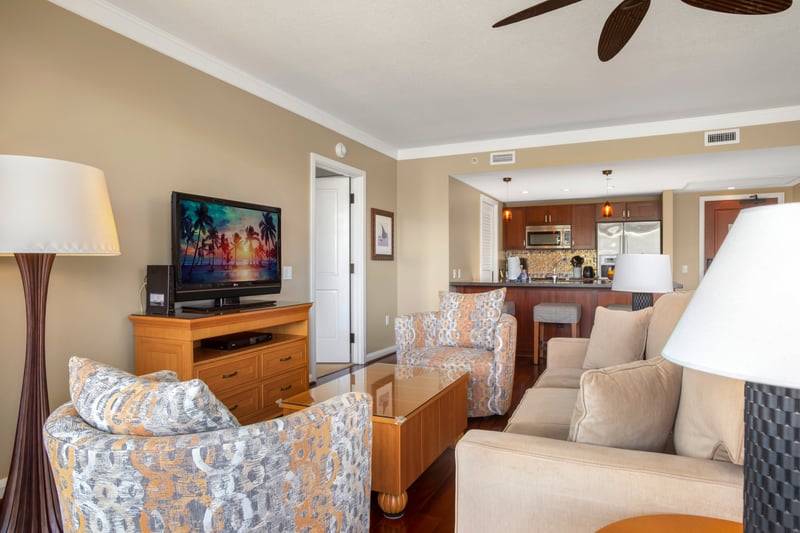 Inviting living space with cozy seating and modern kitchen amenities.