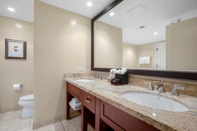 Elegant granite double-sink bathroom with modern fixtures and soft lighting.