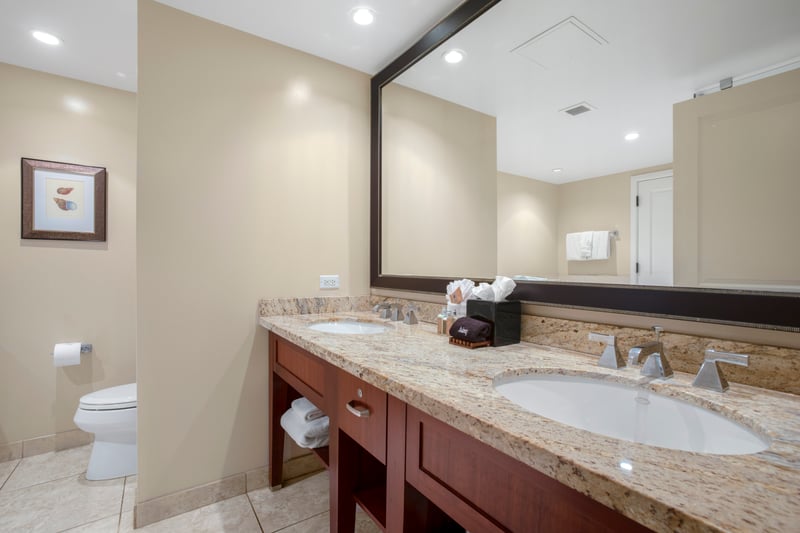 Elegant granite double-sink bathroom with modern fixtures and soft lighting.