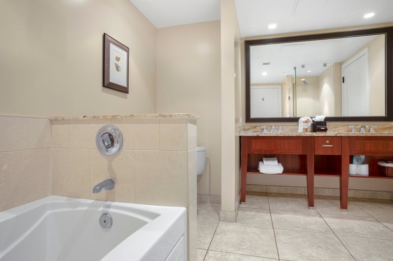 Luxurious bathroom featuring deep soaking tub and double granite vanity.