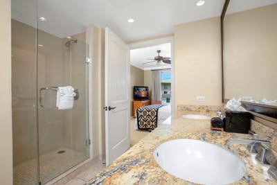 Elegant bathroom with granite vanity, glass shower, and bedroom view.