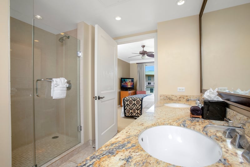 Elegant bathroom with granite vanity, glass shower, and bedroom view.