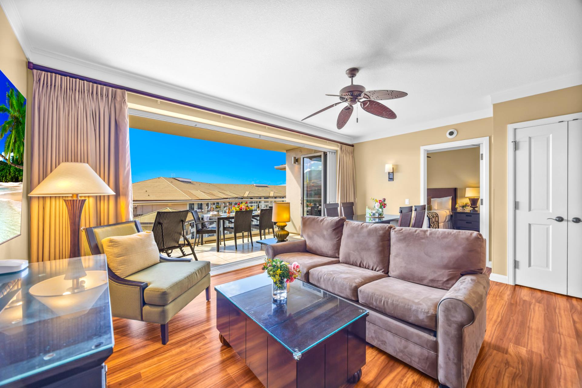 Spacious living room that flows effortlessly into vacation mode