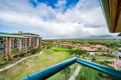 Expansive balcony view overlooking lush resort grounds and distant mountains.