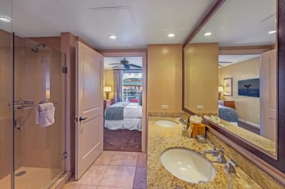 Elegant dual-sink bathroom with granite counters and glass shower enclosure.