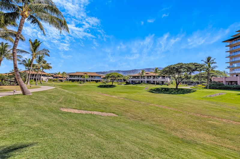 Expansive resort grounds with palm trees, mountain backdrop, and sunshine.