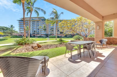 Relaxing lanai with palm views and luxury resort backdrop beauty.