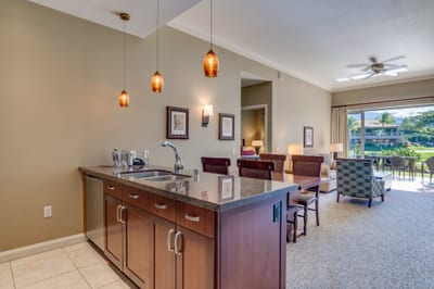 Modern kitchen island opens to bright living and lanai views.
