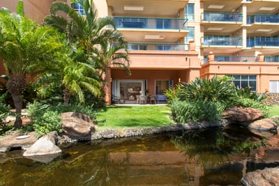Tropical garden patio with serene pond outside luxurious ground-floor suite.